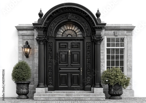 Ornate black door with grey stone frame, flanked by plants and wall sconces