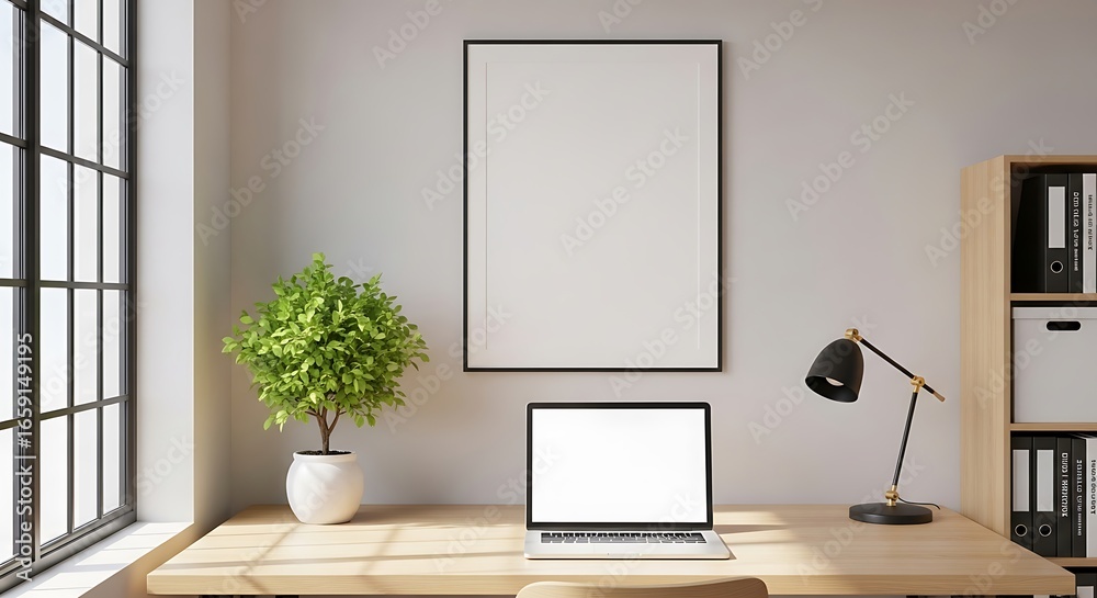 Fototapeta premium Bright workspace featuring a laptop, plant, and lamp on a wooden desk with a blank framed picture hanging above.