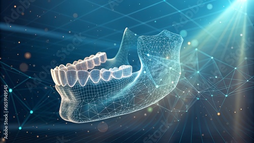Digital wireframe of human jaw with glowing teeth and tech overlay – Dental innovation, 3D imaging, oral anatomy, medical technology, futuristic healthcare, computer-aided dentistry