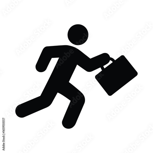 Black stick figure running with a briefcase, a simple icon of a businessman hurrying.

