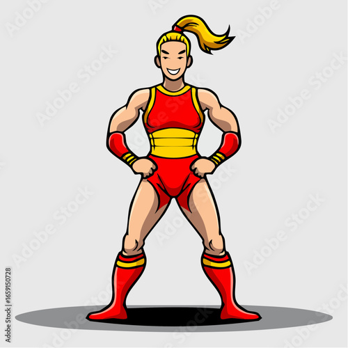 Firefly Wrestler Cartoon of a Muscular Female Athlete in Red and Yellow