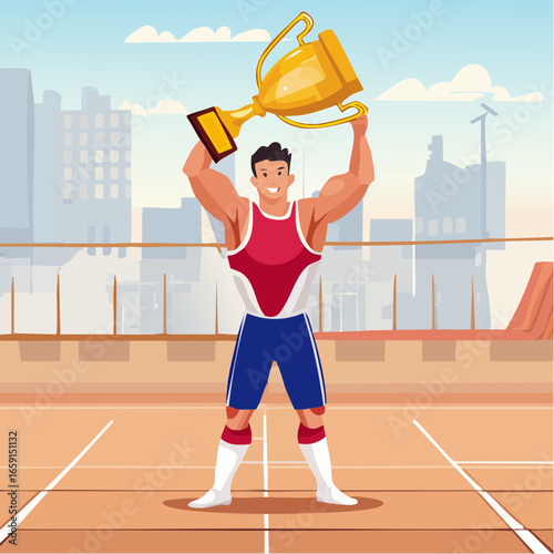 Firefly Champion wrestler vector, holding trophy overhead, simplified details, flat colors (gold, bl