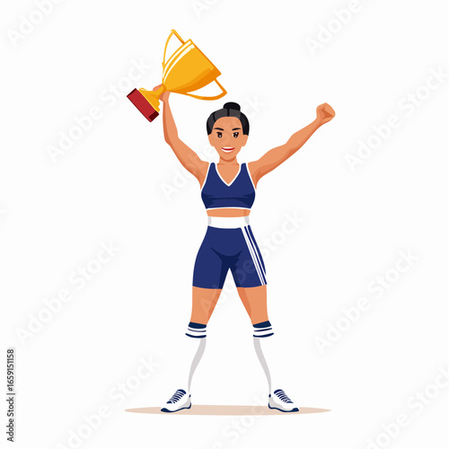 Victorious female athlete vector illustration proudly holding a gold trophy overhead, celebrating success and achievement. This simplified, flat color artwork embodies the spirit of a champion