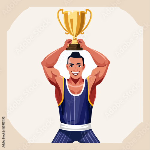 Firefly Champion Wrestler Victoriously Holding Trophy Overhead, Celebrating Success in Competition