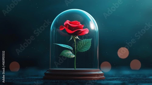 A 3D cartoon black rose in a glass dome