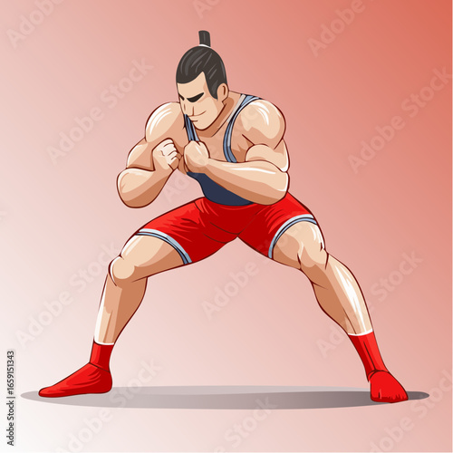 Dynamic vector art of a strong male wrestler in an aggressive combat stance, ready for takedown. Clean lines and minimal shading convey athleticism and power
