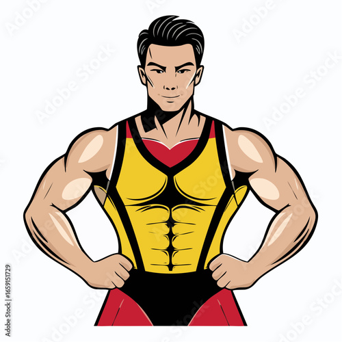 Firefly Retro-style Wrestler vector inspired by 80s-90s wrestling, simplified muscles, bold outline, muscular man