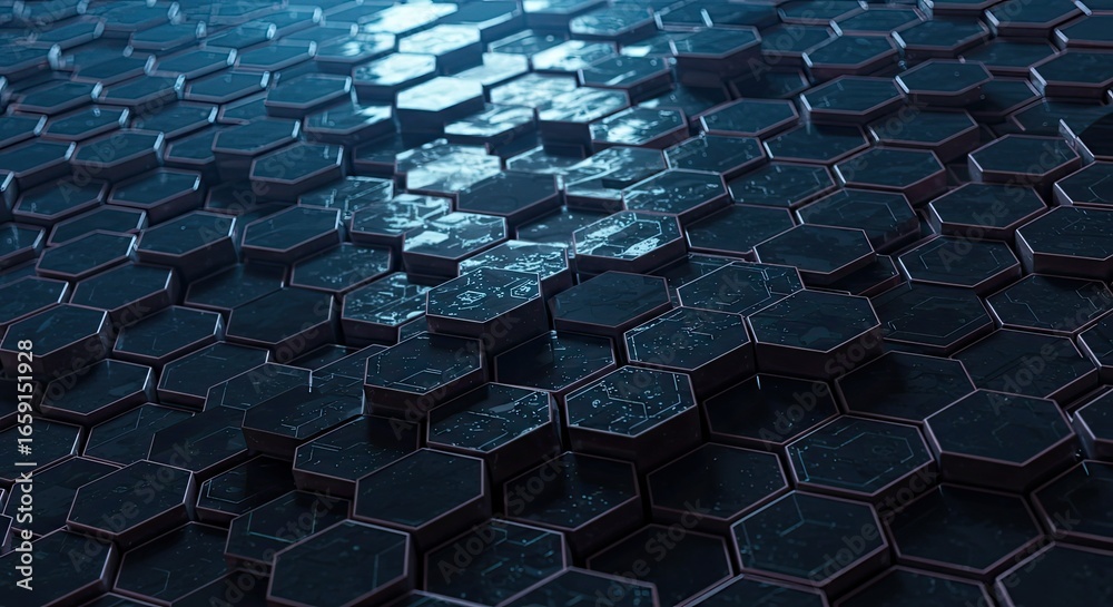 Dynamic dark blue hexagonal pattern with subtle glowing circuit lines creating a futuristic digital technology backdrop Dynamic dark blue hexagonal pattern with subtle glowing circuit lines creating a futuristic digital technology backdrop