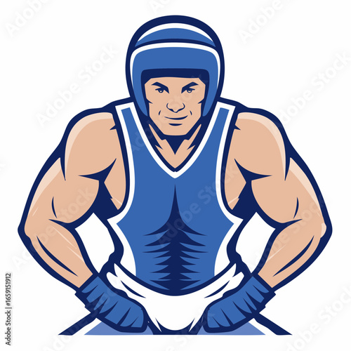 Friendly Cartoon Boxer Mascot Vector for Youth Sports and Kids' Fitness Programs, Confident Athlete Illustration in Blue Gear, Simple Engaging Design for Children's Activities