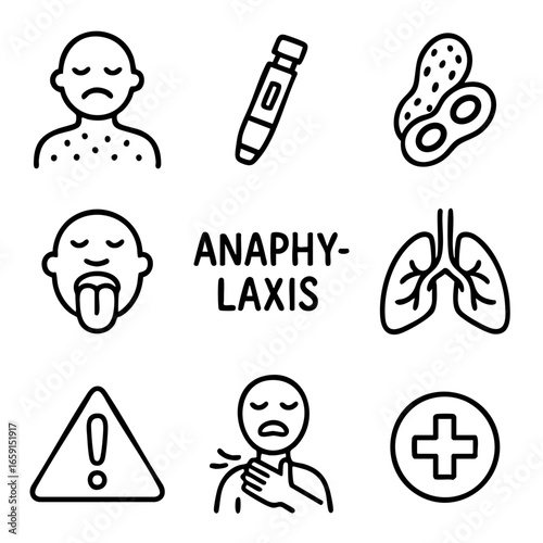 A set of doodle line icons illustrating anaphylaxis symptoms, allergy triggers, emergency warning signs, and medical treatment tools