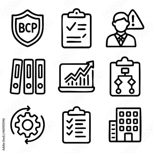 A set of doodle line icons related to business continuity planning, including risk management, workflow, data protection, and recovery processes