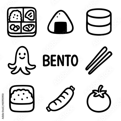 A set of doodle line icons featuring Japanese bento lunch elements like rice, sausage, chopsticks, tomato, and onigiri