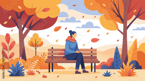 Woman enjoying peaceful autumn park scene with falling leaves and vibrant foliage