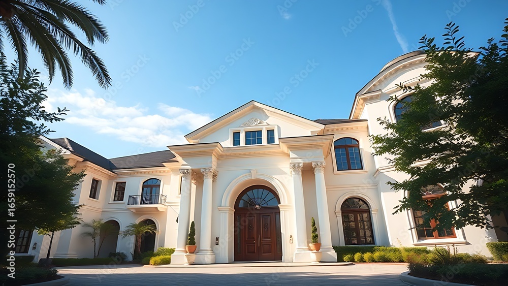 Fototapeta premium Elegant residence entrance with architectural details under a clear blue sky, exuding luxury.
