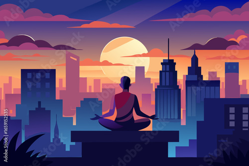 Serene person meditating against vibrant sunset skyline, finding peace amidst city life.