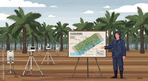 Flooding impact analysis presentation among palm trees, showcasing water impact assessment