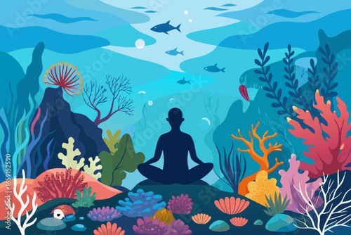 Serene figure meditates underwater amidst vibrant coral reefs and swimming fish, finding peace