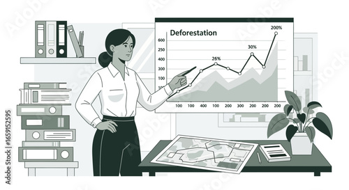 Illustrative depiction of a woman presenting deforestation statistics at the office