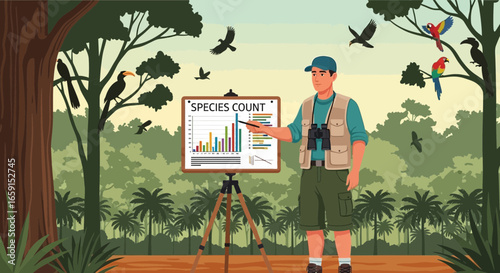 Illustration showcasing bird monitoring and data analysis in a tropical forest setting