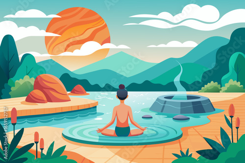 Serene woman meditates in natural hot spring surrounded by mountains and vibrant sunset