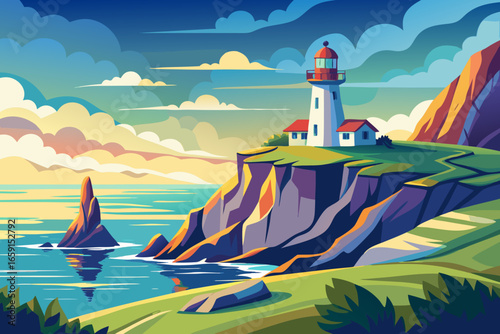 Iconic lighthouse stands tall on dramatic cliffside overlooking serene ocean waters under a vibrant sky