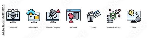 Digital Intrusion web banner icon vector illustration featuring Cybercrime, Data Backup, Infected Computer, Backdoor, Coding, Database Security, and Threat.