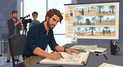 Storyboard artist outlining a movie scene with a filmmaking crew behind him