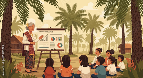 Illustrated Classroom Scene with Teacher and Students Amidst Palm Trees