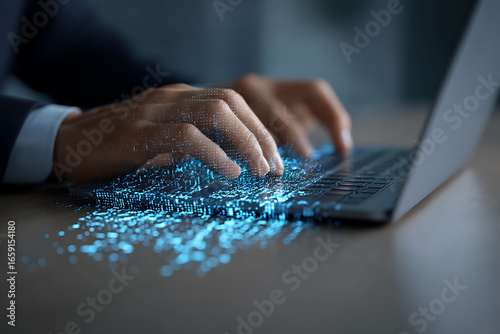 Businessman typing on laptop generating digital data stream