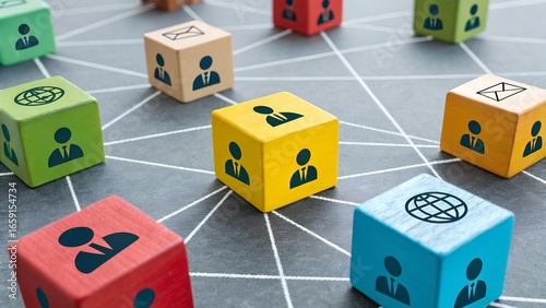 Colorful cubes with icons connected by white lines on dark surface – Digital network, communication system, global connectivity, team collaboration, abstract data exchange, organizational structure