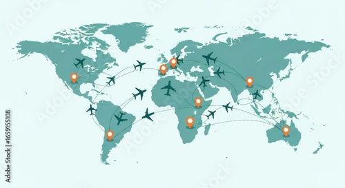 A world map displays global flight routes connecting various continents with airplanes and destination markers