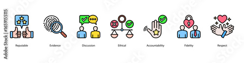 Social Reputation web banner icon vector illustration featuring Reputable, Evidence, Discussion, Ethical, Accountability, Fidelity, and Respect.