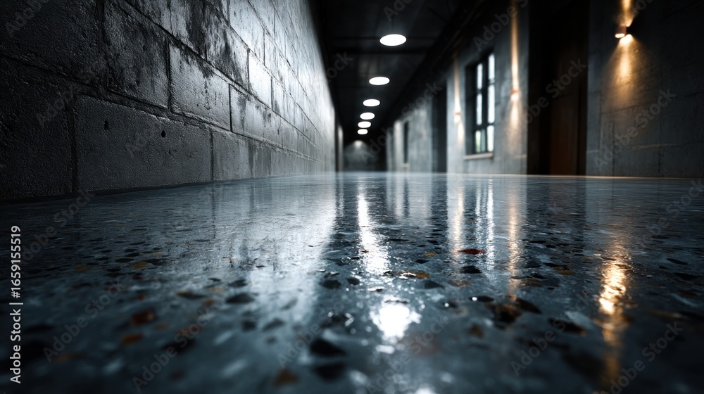 Fototapeta premium Industrial corridor illuminated by lights with sleek concrete flooring