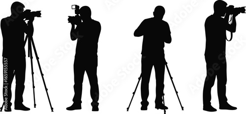 Silhouettes of photographers using cameras on tripods, professional photography poses, camera handling techniques, black isolated figures, studio concept