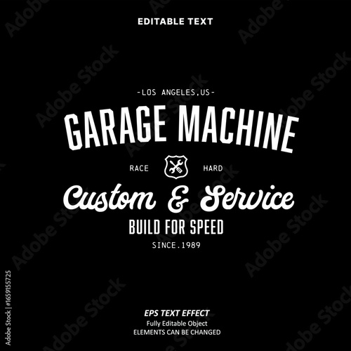 Editable Text Effect Vector of Black White Garage Machine motorcycle club Streetwear Vintage Custom Service Uniform hoodie or t-shirt Design for Printing, garment, merchandise, apparel, small business