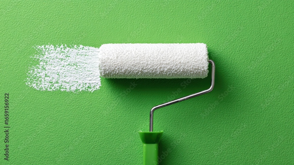Obraz premium Transformative Touch: A paint roller meticulously applies a fresh coat of paint onto a vibrant green surface. This image captures the essence of home renovation. 