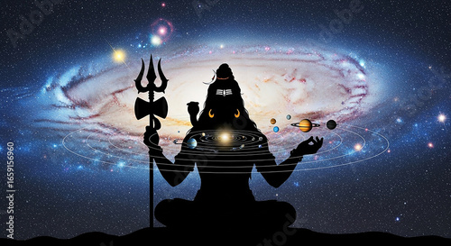 Silhouette of Lord Shiva in Milky Way Galaxy Controlling the Solar System – Cosmic Divine Power and Serenity