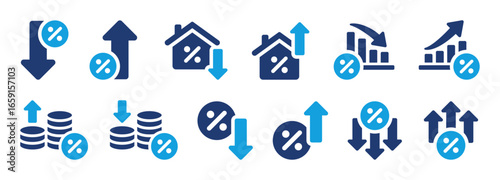 Low and high interest rate icon set. Percentage, growth, decline, mortgage, loan and finance symbols with up and down arrows for banking and economy. Solid vector icons collection.