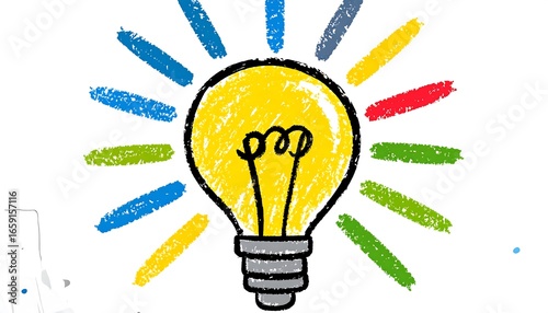 Child's drawing of a lightbulb with colorful rays