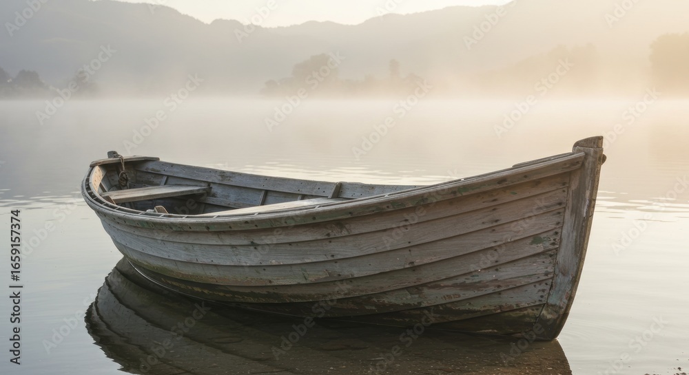 Naklejka premium A weathered wooden rowboat sits serenely on a misty lake at dawn, its reflection mirrored in the calm water, mountains faintly visible through the fog in the background