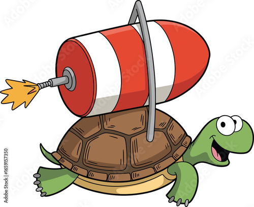 Cartoon turtle with rocket, funny speed concept, fast turtle illustration, humorous animal character, rocket-powered tortoise, cartoon shell rocket, quirky mascot, vector clipart,