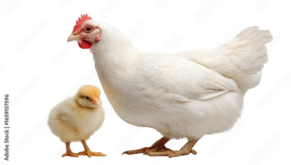Fototapeta premium White hen and chick, side view