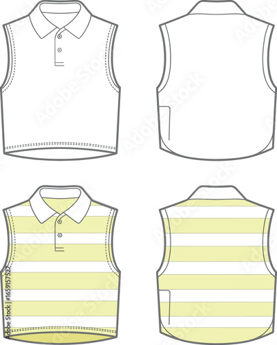 Sleeveless polo top, striped shirt, fashion flat, vector sketch, collared blouse, button placket, casualwear design, garment template, sporty top, front and back view, fashion