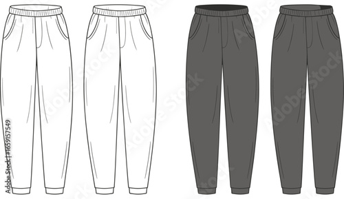 Jogger pants mockup, front and back view, fashion vector illustration, blank clothing template, streetwear design, editable apparel mockup, casual pants, sweatpants vector,