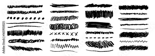 Black grunge brush stoke set. Hand drawn crayon wavy, zigzag, dash line collection. Wet or dry pastel pencil doodle scribble bundle. Vector rough chalk charcoal sketch scrawls, waves and zig zag