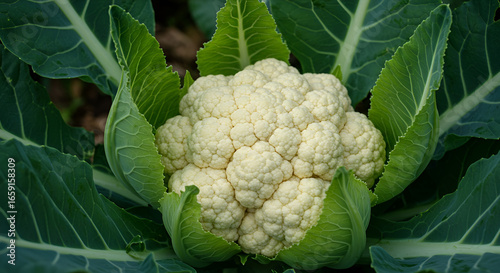 Close shot of cauliflower head surrounded by green leaves in the field