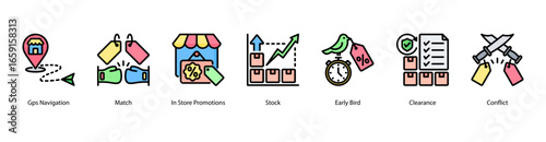 Smart Retail Navigation web banner icon vector illustration featuring GPS Navigation, Match, In Store Promotions, Stock, Early Bird, Clearance, and Conflict.