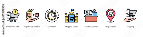 Urgent Retail Campaigns web banner icon vector illustration featuring Limited Time Offer, Buy One Get One Free, Countdown, Shopping Center, Checkout Counter, Shop Location, and Shopping.