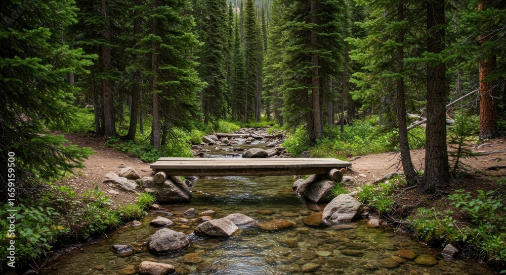 Naklejka premium A tranquil forest scene. A small wooden bridge spans a clear, rocky stream. Towering evergreens flank the path, creating a verdant tunnel