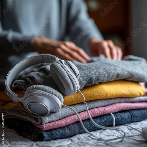 A person is folding laundry while listening to music.